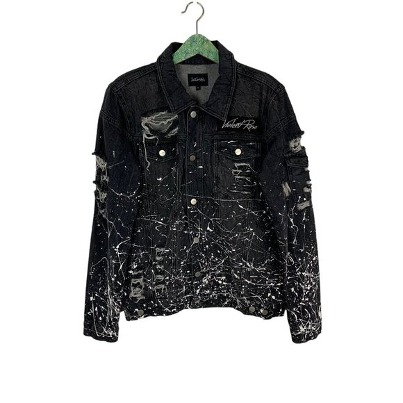 Violent Rose Men Small Jean Jacket Black Paint Splatter Distressed - Picture 1 of 7